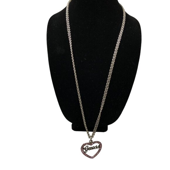 GUESS TWO STRAND SILVER‎ TONE HEART CHARM NECKLACE 30" NWT - Picture 2 of 5